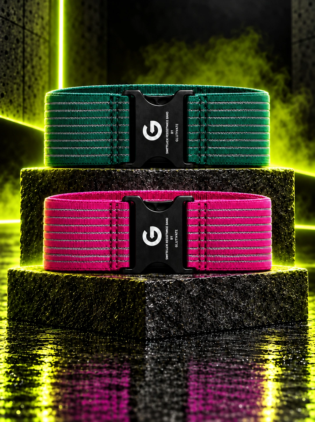 AI-styled product image of Hunter Green and Majestic Maroon SwiftClick Signature Series bands stacked on dark platforms with lime lighting