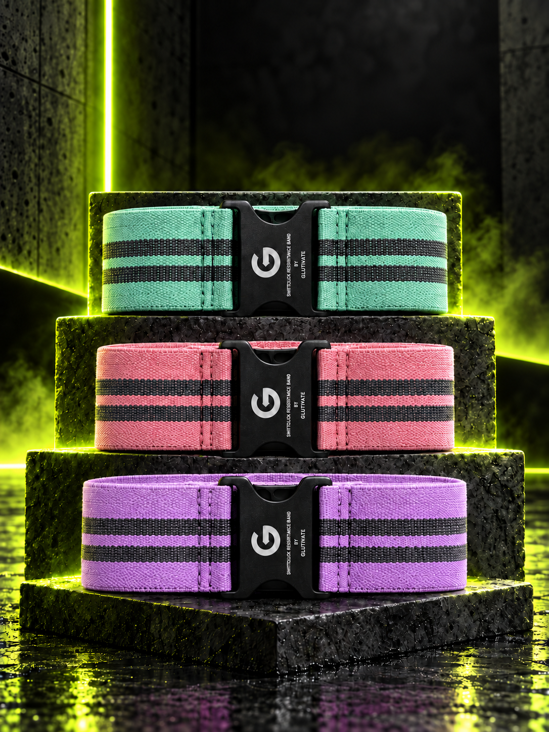 Stack of Power Green, Pink Crush and Purple Reign SwiftClick Classic bands, AI-created from product photos